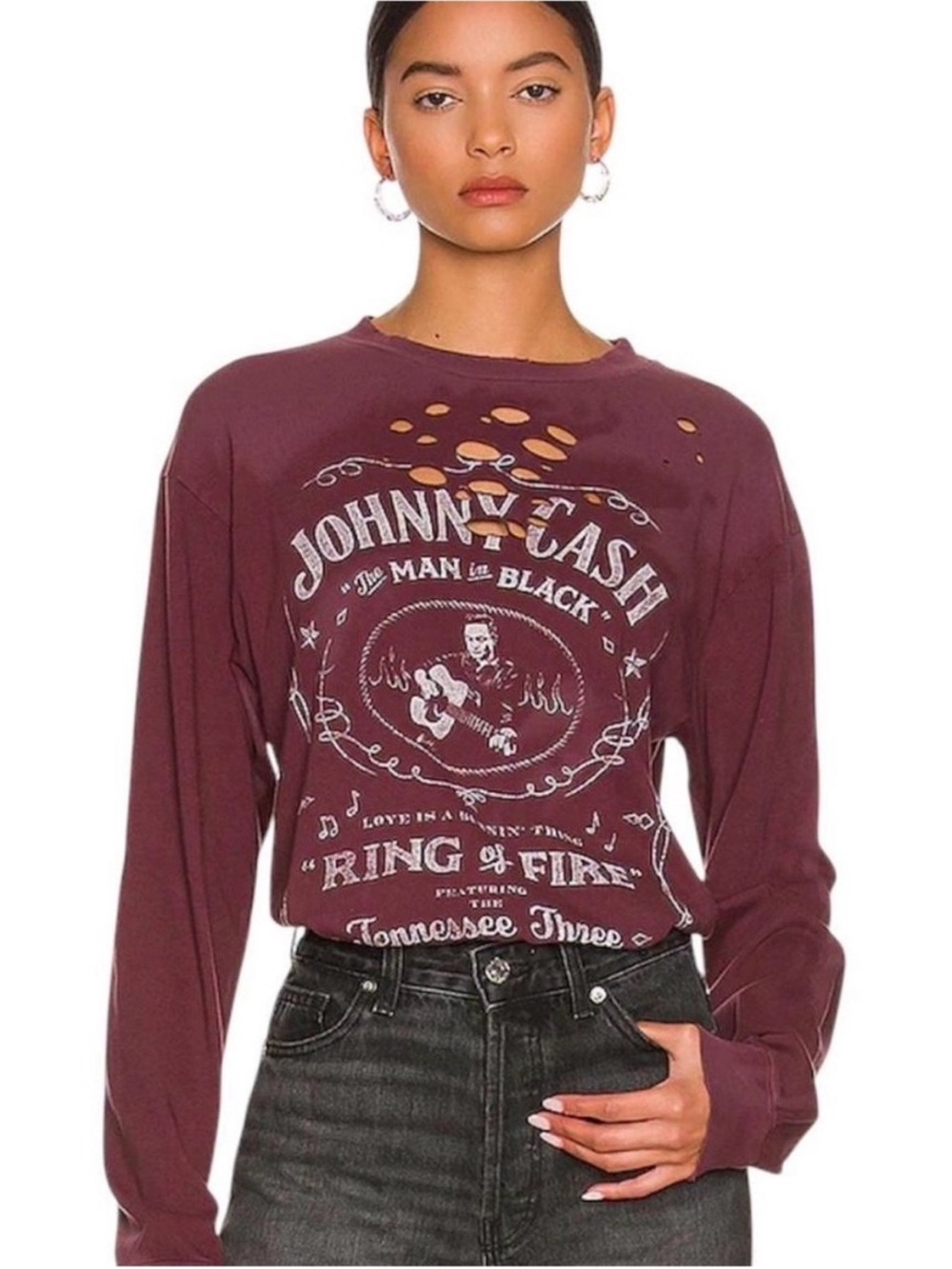 DAYDREAMER | Johnny Cash Ring of Fire Distressed Long Sleeve Tee Huckleberry | M